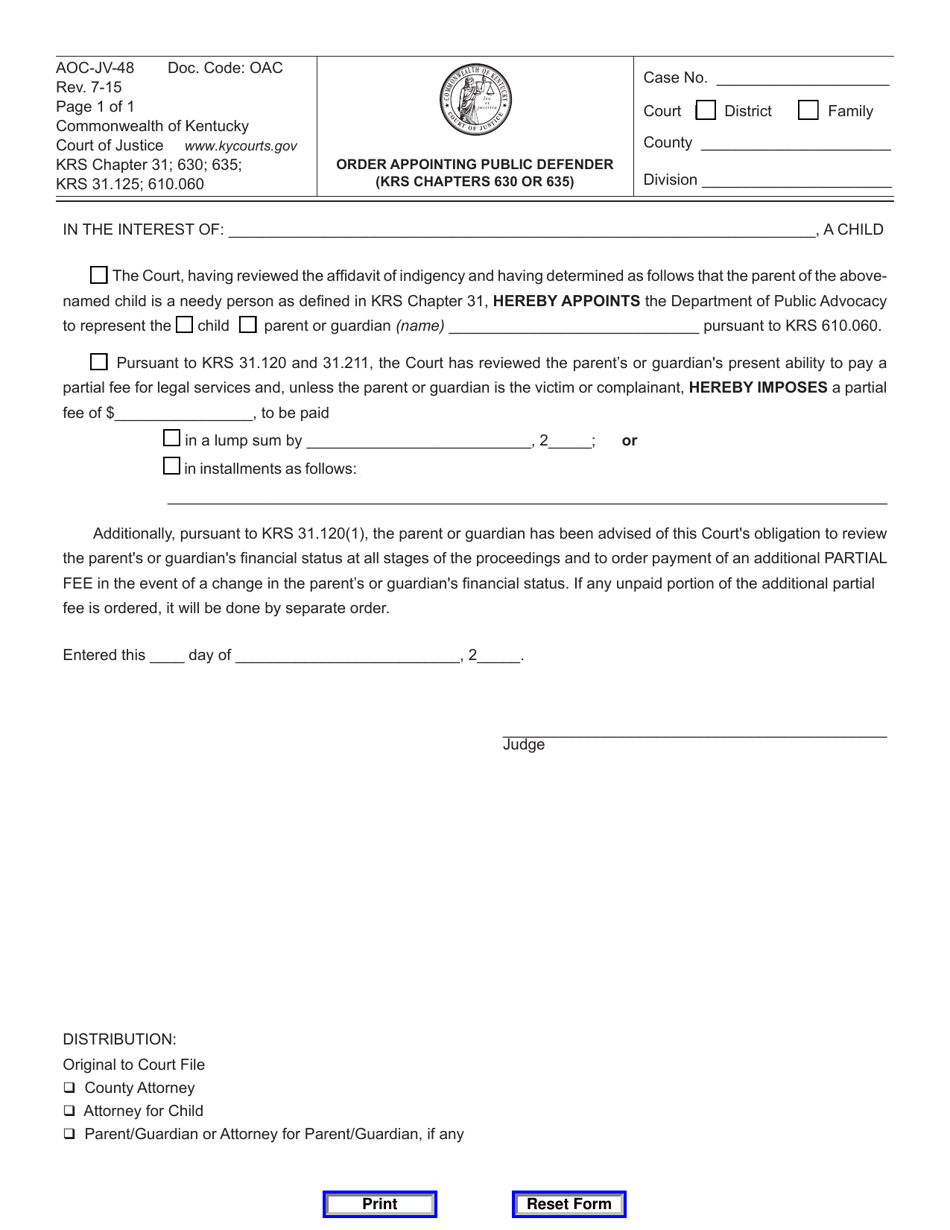 Form AOC-JV-48 Order Appointing Public Defender (Krs Chapters 630 or 635) - Kentucky, Page 1