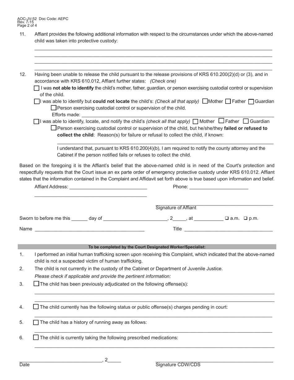 Form AOC-JV-52 - Fill Out, Sign Online and Download Fillable PDF ...