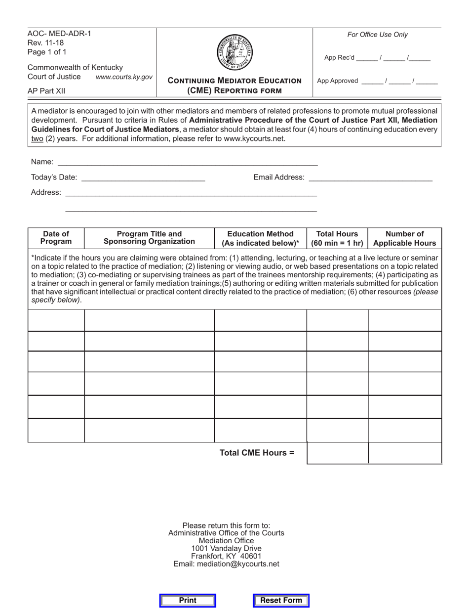 Form AOC-MED-ADR-1 Continuing Mediator Education (Cme) Reporting Form - Kentucky, Page 1
