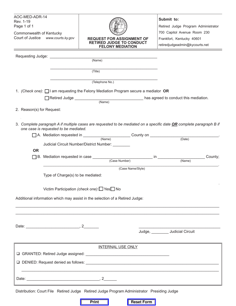 Form AOC-MED-ADR-14 Request for Assignment of Retired Judge to Conduct Felony Mediation - Kentucky, Page 1