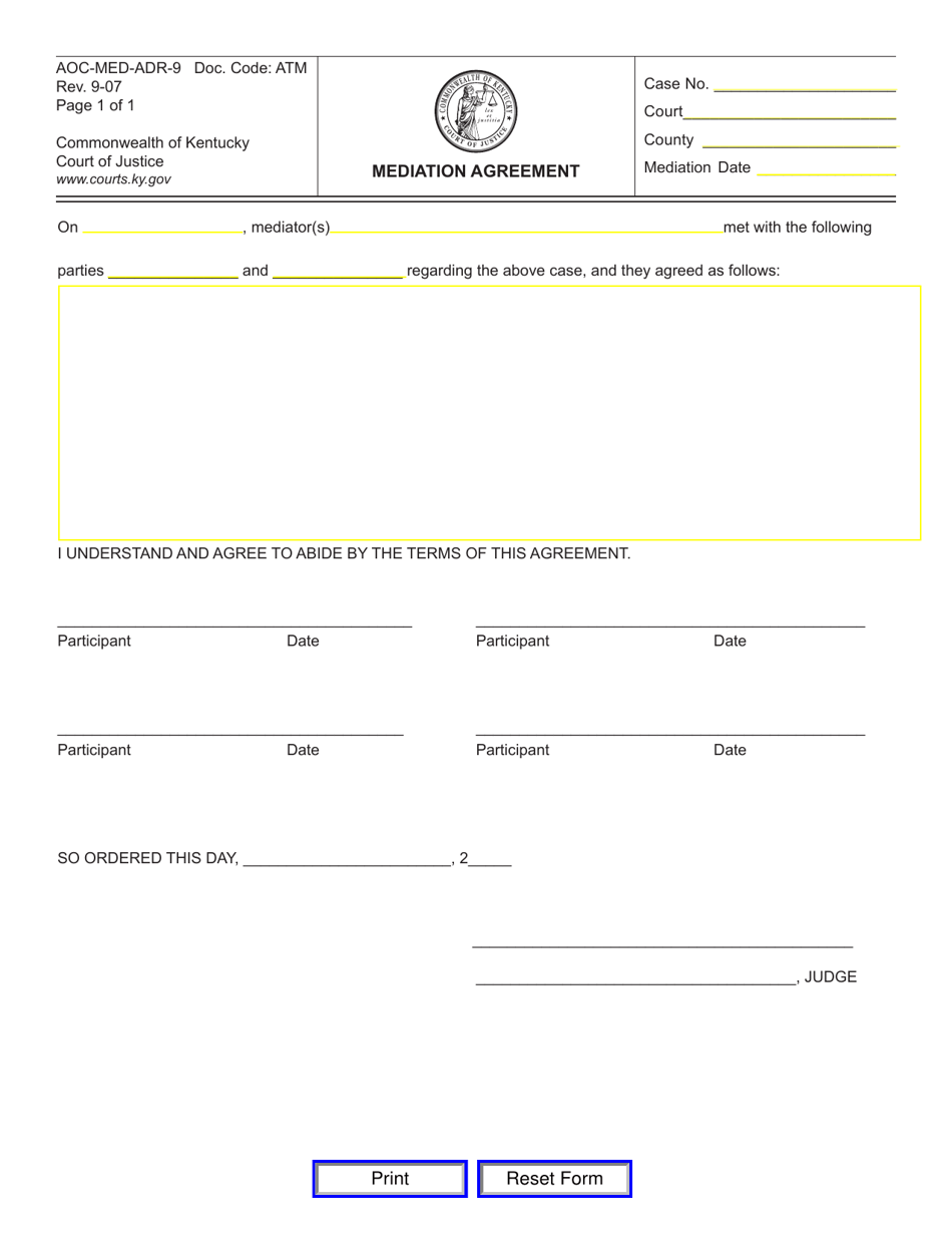 Form AOC-MED-ADR-9 Mediation Agreement - Kentucky, Page 1