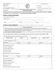 Document preview: Form AOC-MED-ADR-7 Application to Be Placed on the Mediator Roster - Kentucky