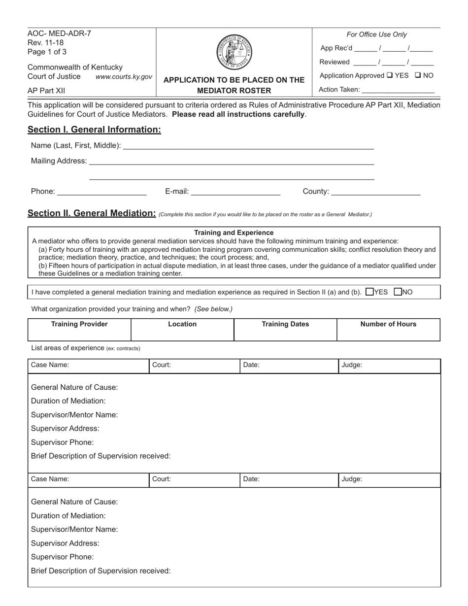 Form AOC-MED-ADR-7 Application to Be Placed on the Mediator Roster - Kentucky, Page 1