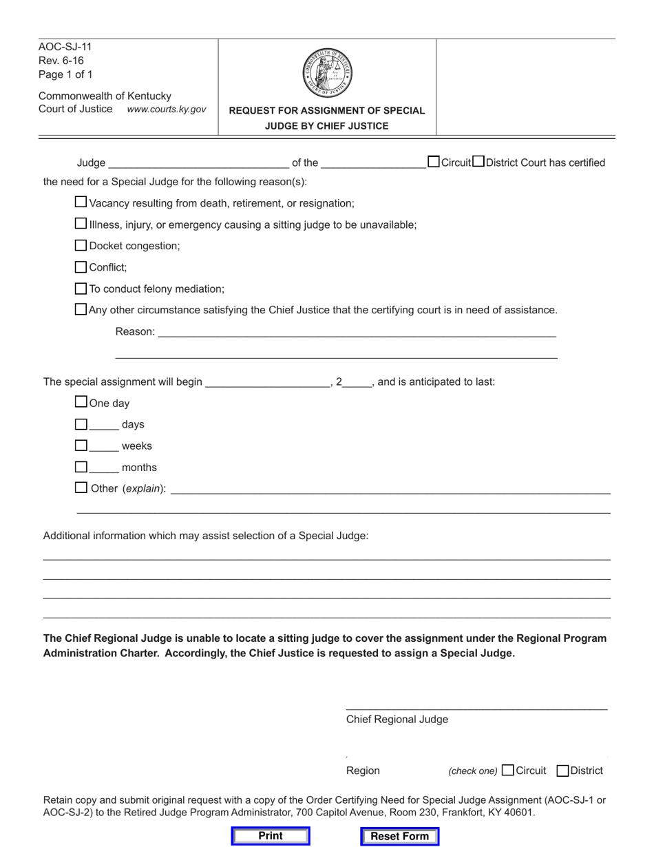 Form AOC-SJ-11 Request for Assignment of Special Judge by Chief Justice - Kentucky, Page 1