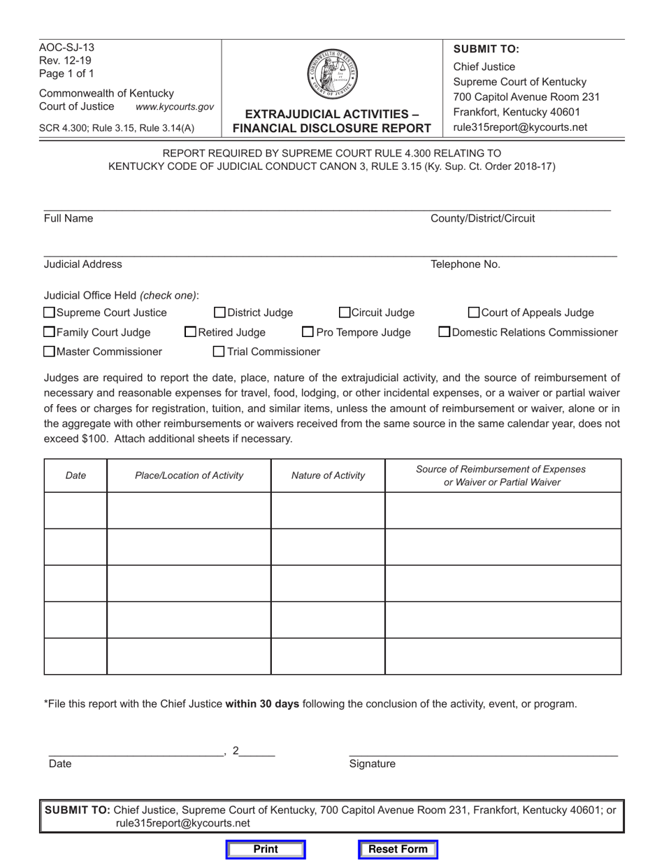 Form AOC-SJ-13 Extrajudicial Activities - Financial Disclosure Report - Kentucky, Page 1
