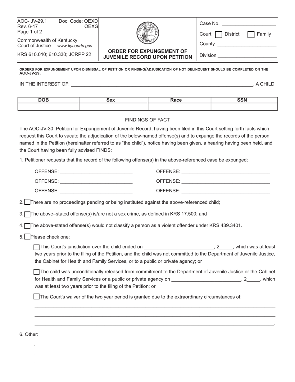 Form AOC-JV-29.1 Order for Expungement of Juvenile Record Upon Petition - Kentucky, Page 1