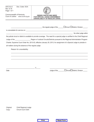 Document preview: Form AOC-SJ-2 Order Certifying Need for Special Judge Assignment (Unavailability of Regular Judge) - Kentucky