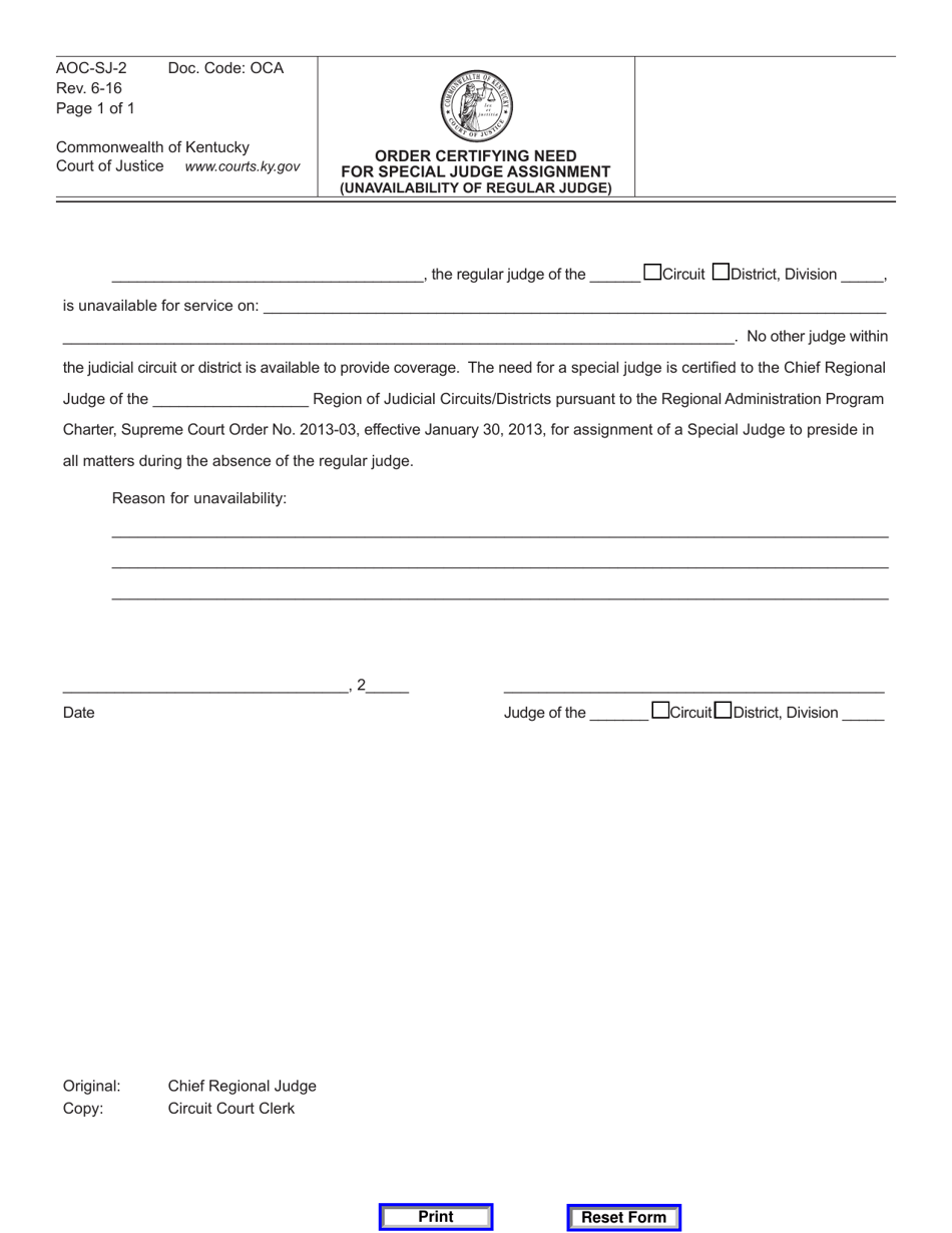 Form AOC-SJ-2 Order Certifying Need for Special Judge Assignment (Unavailability of Regular Judge) - Kentucky, Page 1