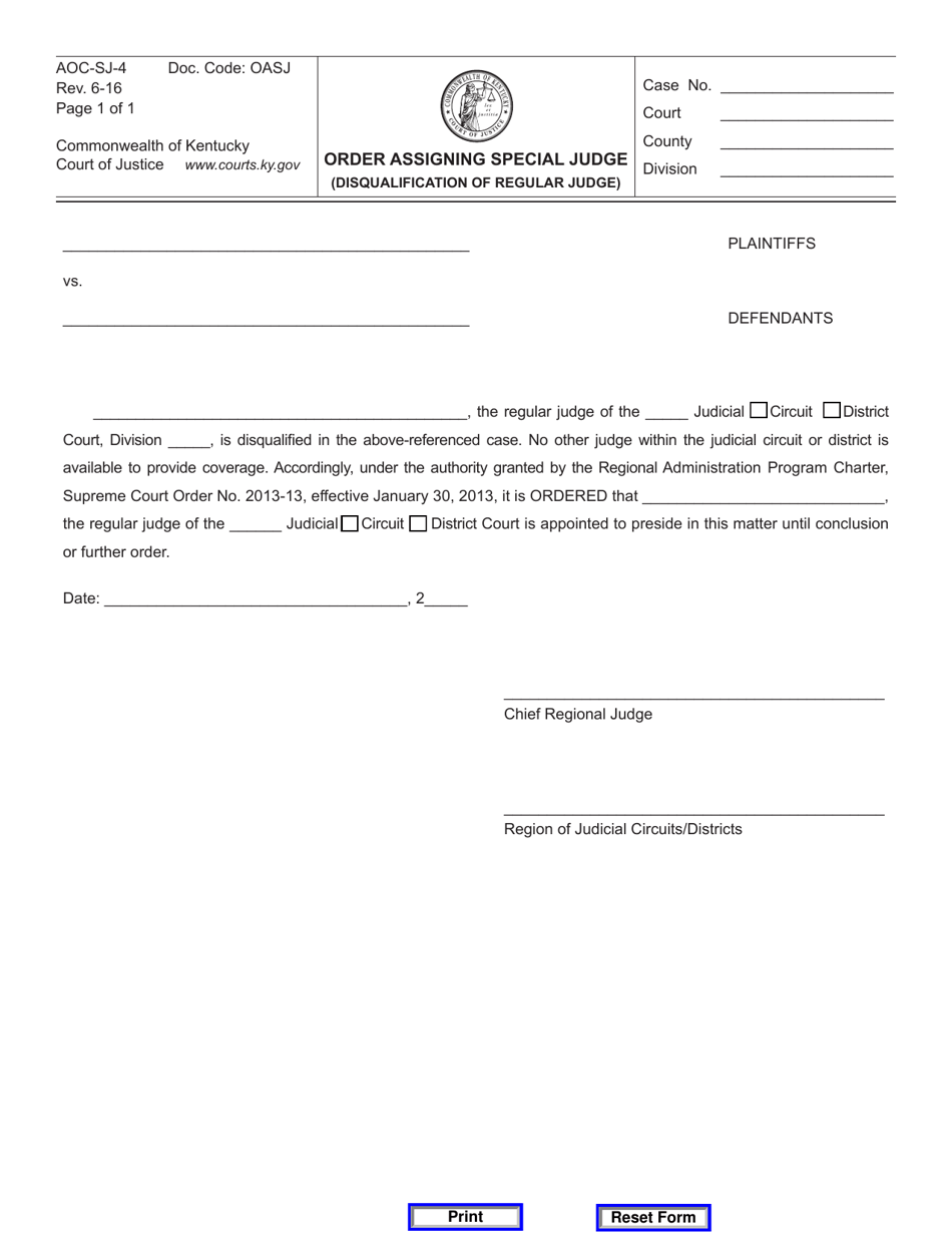 Form AOC-SJ-4 Order Assigning Special Judge (Disqualification of Regular Judge) - Kentucky, Page 1