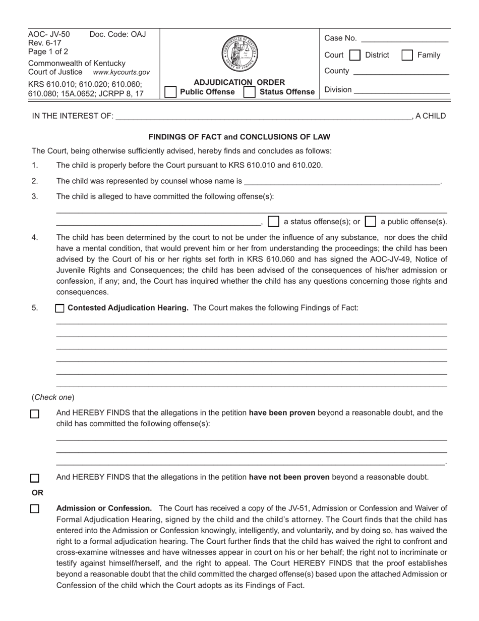 Form Aoc Jv 50 Fill Out Sign Online And Download Fillable Pdf Kentucky Templateroller 4892