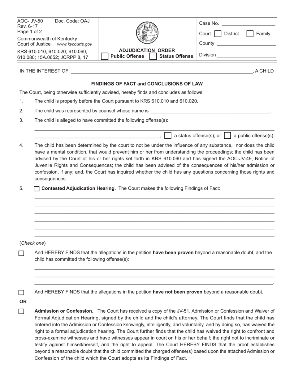 Form AOC-JV-50 Adjudication Order / Public Offense / Status Offense - Kentucky, Page 1