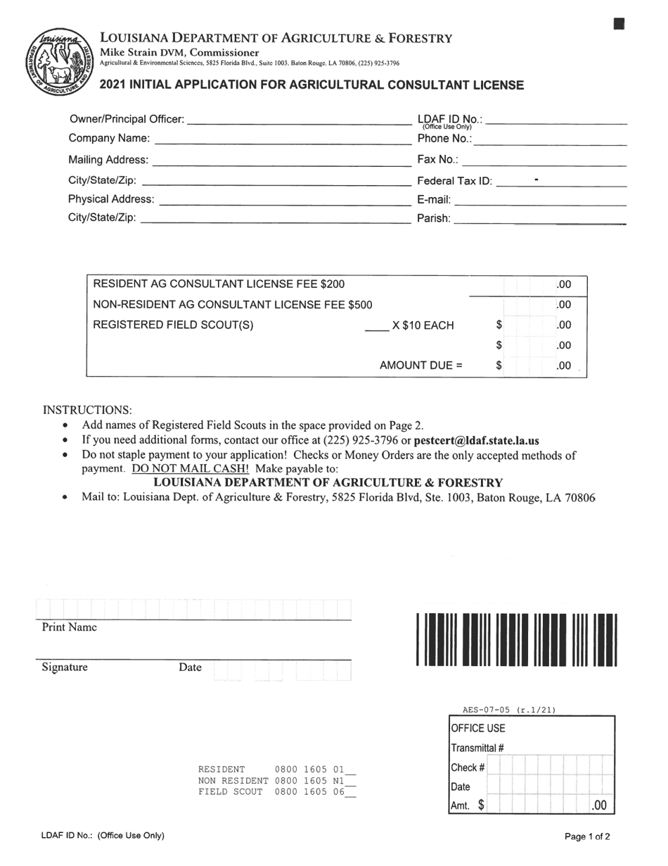 Form AES-07-05 Initial Application for Agricultural Consultant License - Louisiana, Page 1