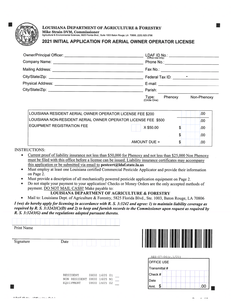 Form AES-07-06 Initial Application for Aerial Owner Operator License - Louisiana, Page 1