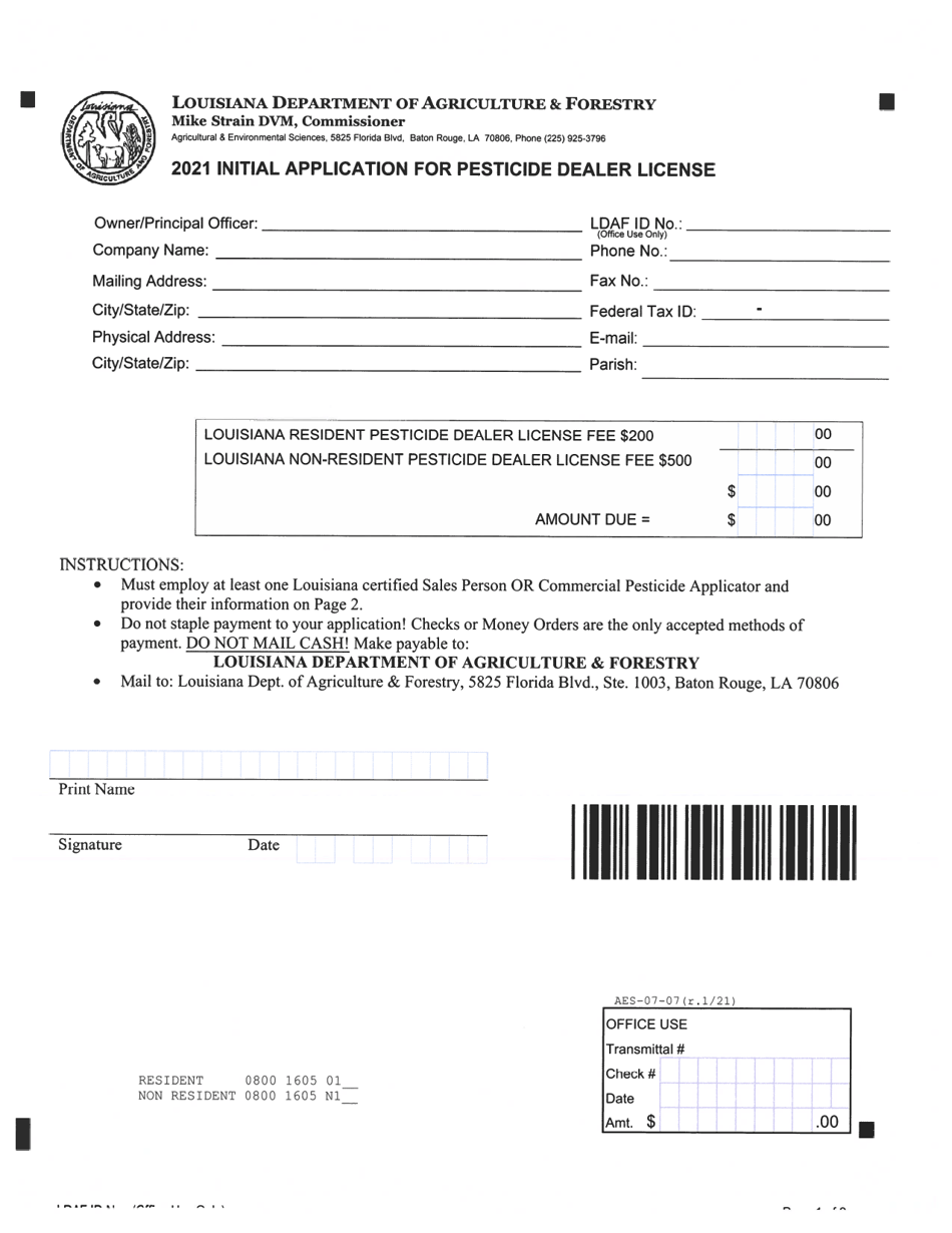 Form AES-07-07 Initial Application for Pesticide Dealer License - Louisiana, Page 1