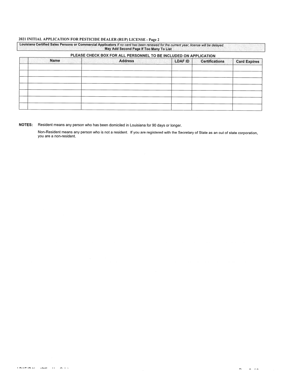 Form AES-07-07 Initial Application for Pesticide Dealer License - Louisiana, Page 2