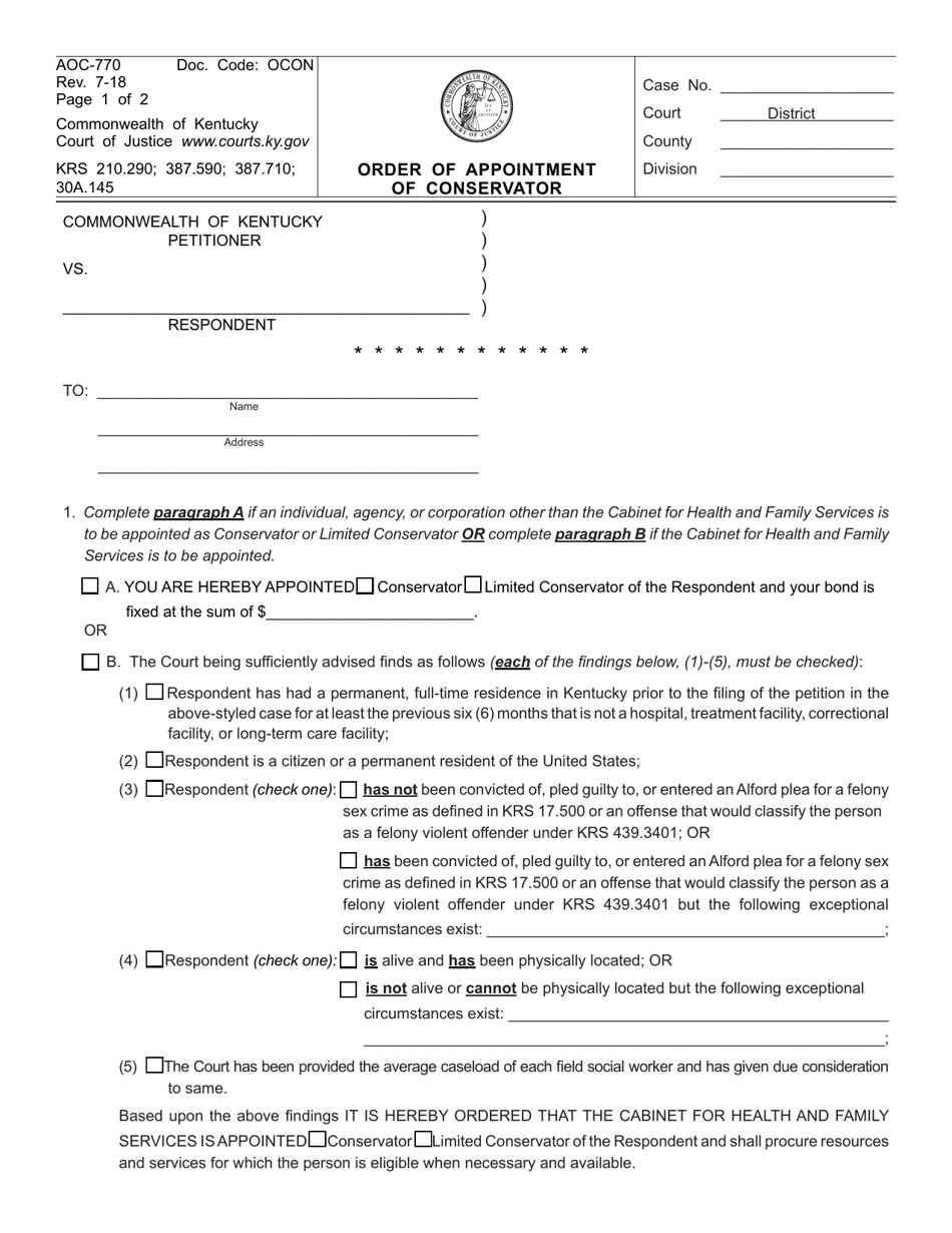 Form AOC-770 Order of Appointment of Conservator - Kentucky, Page 1