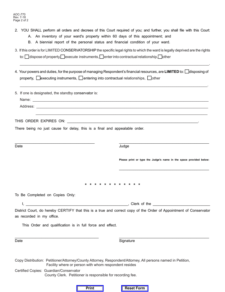 Form AOC-770 Order of Appointment of Conservator - Kentucky, Page 2
