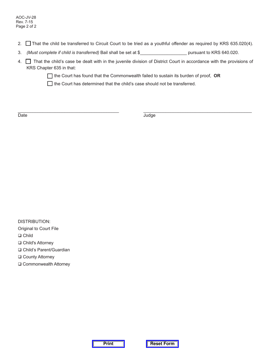 Form AOC-JV-28 Youthful Offender Transfer Hearing Order - Kentucky, Page 2
