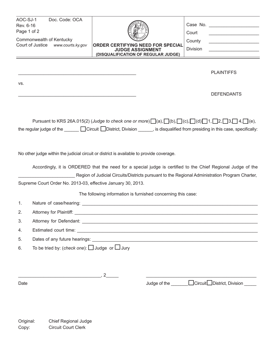 Form AOC-SJ-1 Order Certifying Need for Special Judge Assignment (Disqualification of Regular Judge) - Kentucky, Page 1