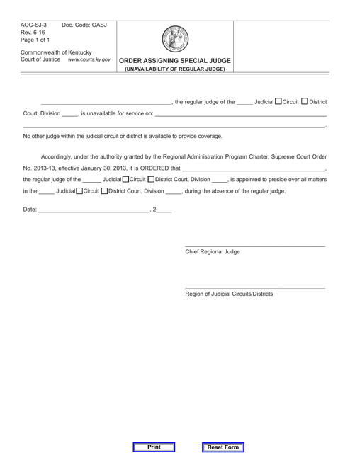 Form AOC-SJ-3 Order Assigning Special Judge (Unavailability of Regular Judge) - Kentucky