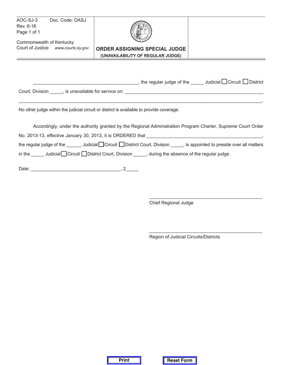 Form AOC-SJ-3 Order Assigning Special Judge (Unavailability of Regular Judge) - Kentucky, Page 1
