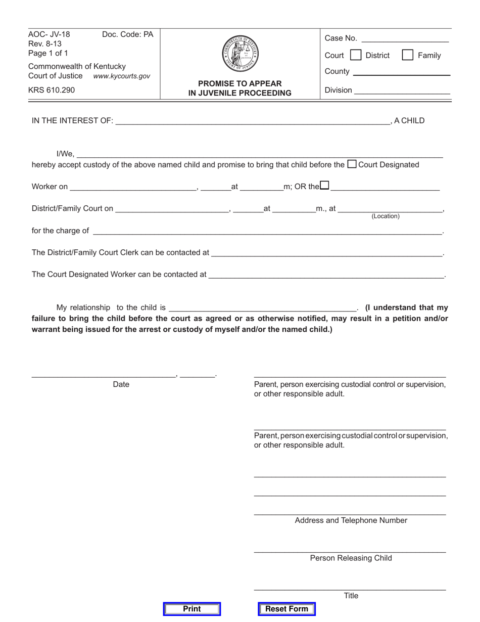 Form AOC-JV-18 Promise to Appear in Juvenile Proceeding - Kentucky, Page 1