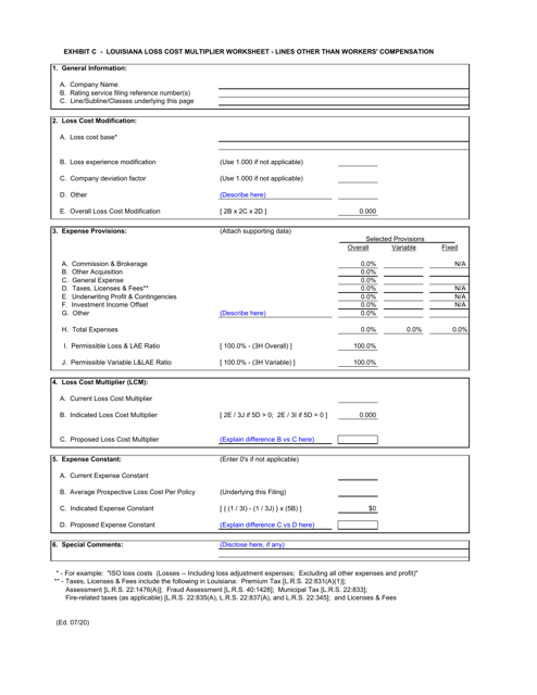 Exhibit C Louisiana Loss Cost Multiplier Worksheet - Lines Other Than Workers' Compensation - Louisiana