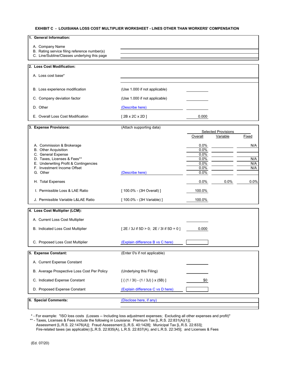 Exhibit C Louisiana Loss Cost Multiplier Worksheet - Lines Other Than Workers Compensation - Louisiana, Page 1