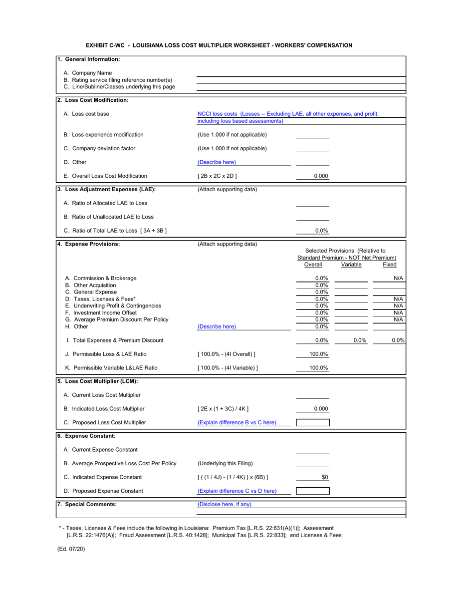 Exhibit C-WC Louisiana Loss Cost Multiplier Worksheet - Workers Compensation - Louisiana, Page 1