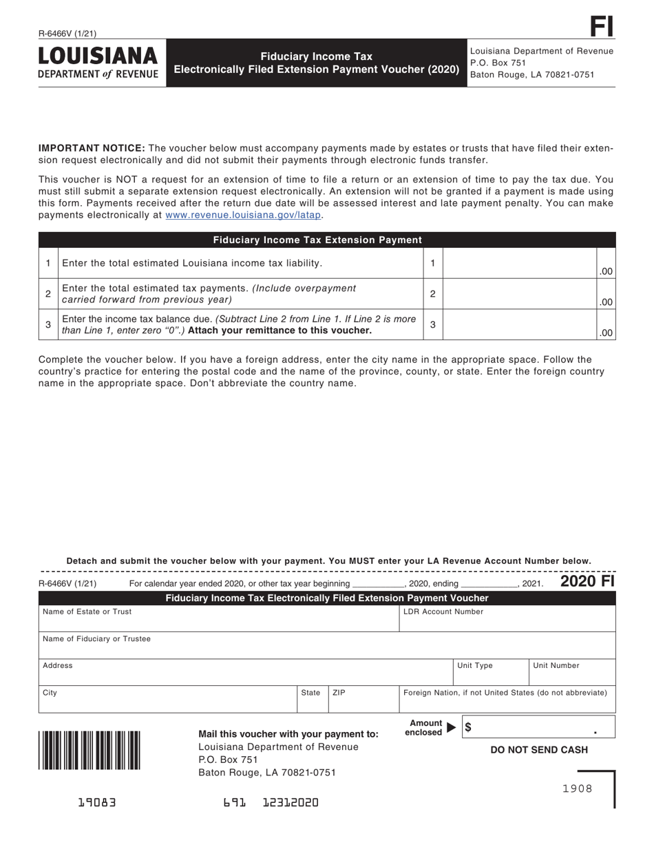 Form R-6466V Fiduciary Income Tax Electronically Filed Extension Payment Voucher - Louisiana, Page 1