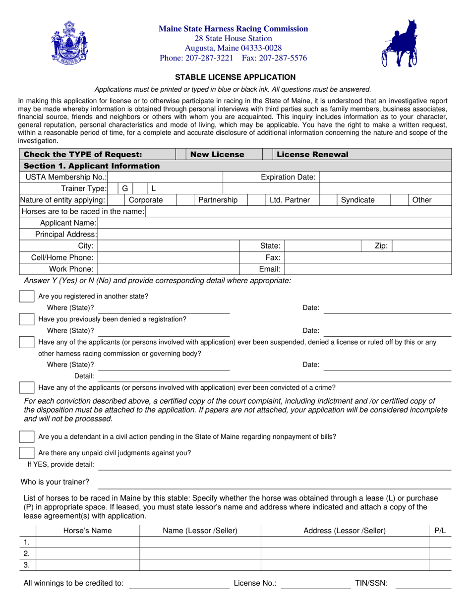 Stable License Application - Maine, Page 1