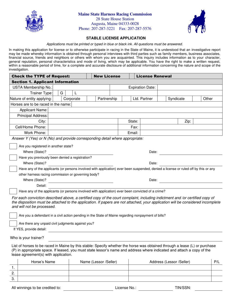 Maine Stable License Application Fill Out Sign Online And Download   Stable License Application Maine Print Big 