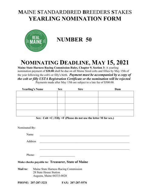 Maine Standardbred Breeders Stakes Yearling Nomination Form - Maine Download Pdf