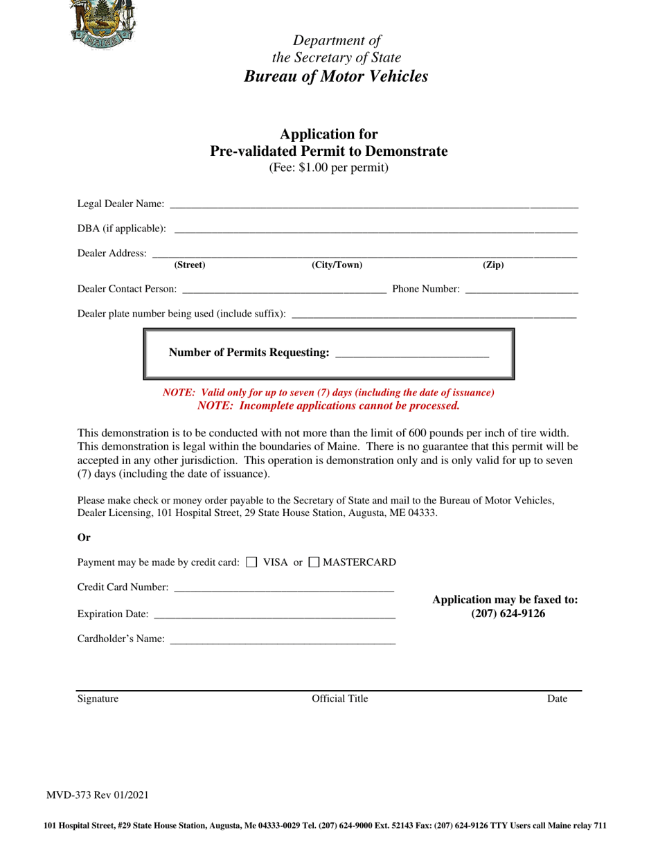 Form MVD-373 Application for Pre-validated Permit to Demonstrate - Maine, Page 1