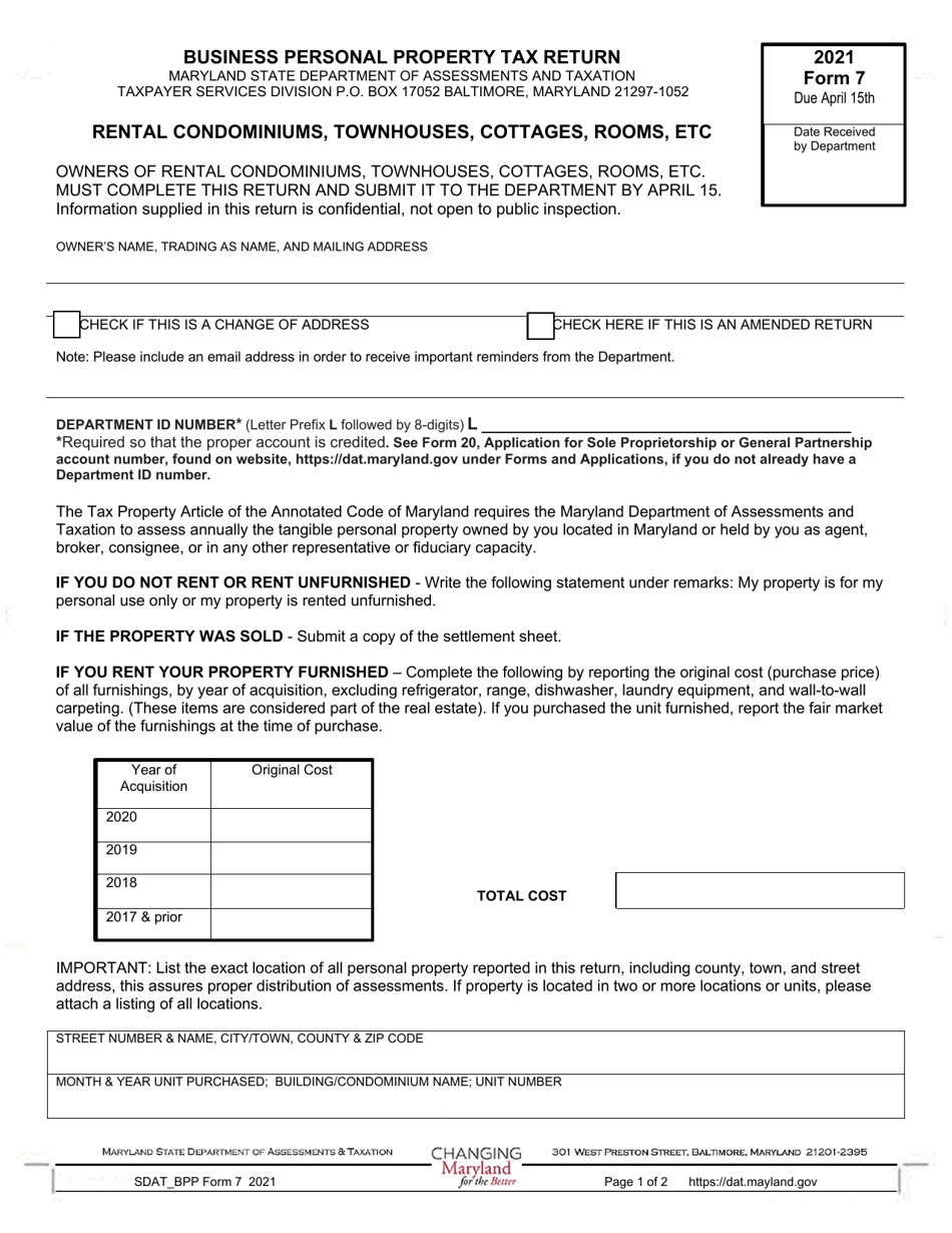 Form 7 Business Personal Property Tax Return - Rental Condominiums, Townhouses, Cottages, Rooms, Etc - Maryland, Page 1