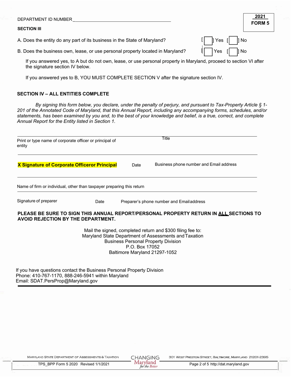 Form 5 Annual Report and Personal Property Return - Banks, Savings Banks, Savings  Loans and Trust Companies - Maryland, Page 2