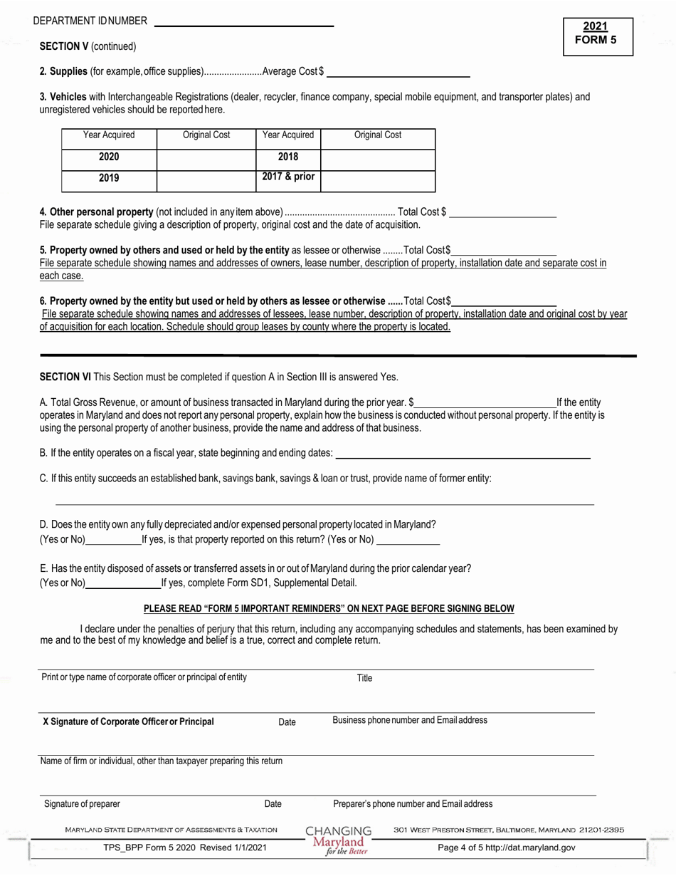 Form 5 Annual Report and Personal Property Return - Banks, Savings Banks, Savings  Loans and Trust Companies - Maryland, Page 4