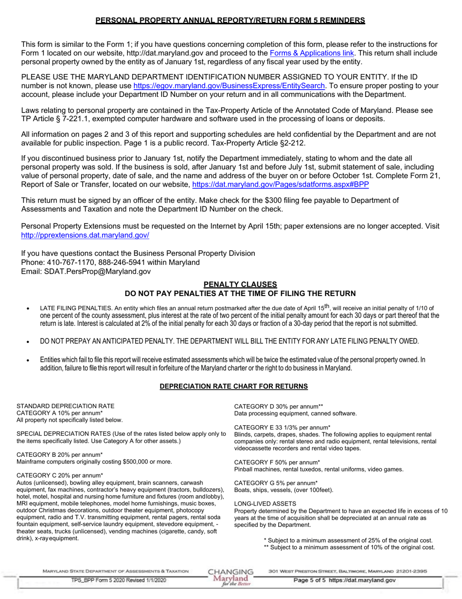 Form 5 Annual Report and Personal Property Return - Banks, Savings Banks, Savings  Loans and Trust Companies - Maryland, Page 5