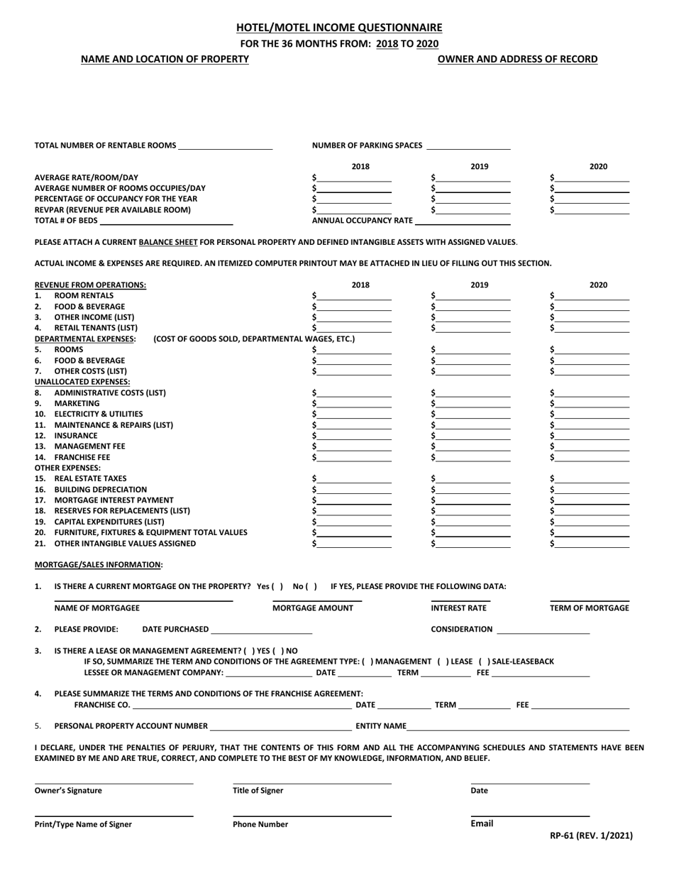 Form RP-61 Hotel / Motel Income Questionnaire - Maryland, Page 1