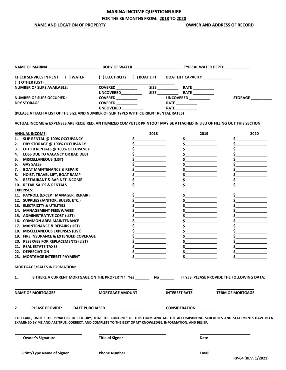 Form RP-64 Marina Income Questionnaire - Maryland, Page 1