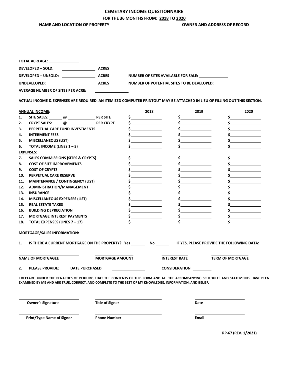 Form RP-67 Cemetary Income Questionnaire - Maryland, Page 1