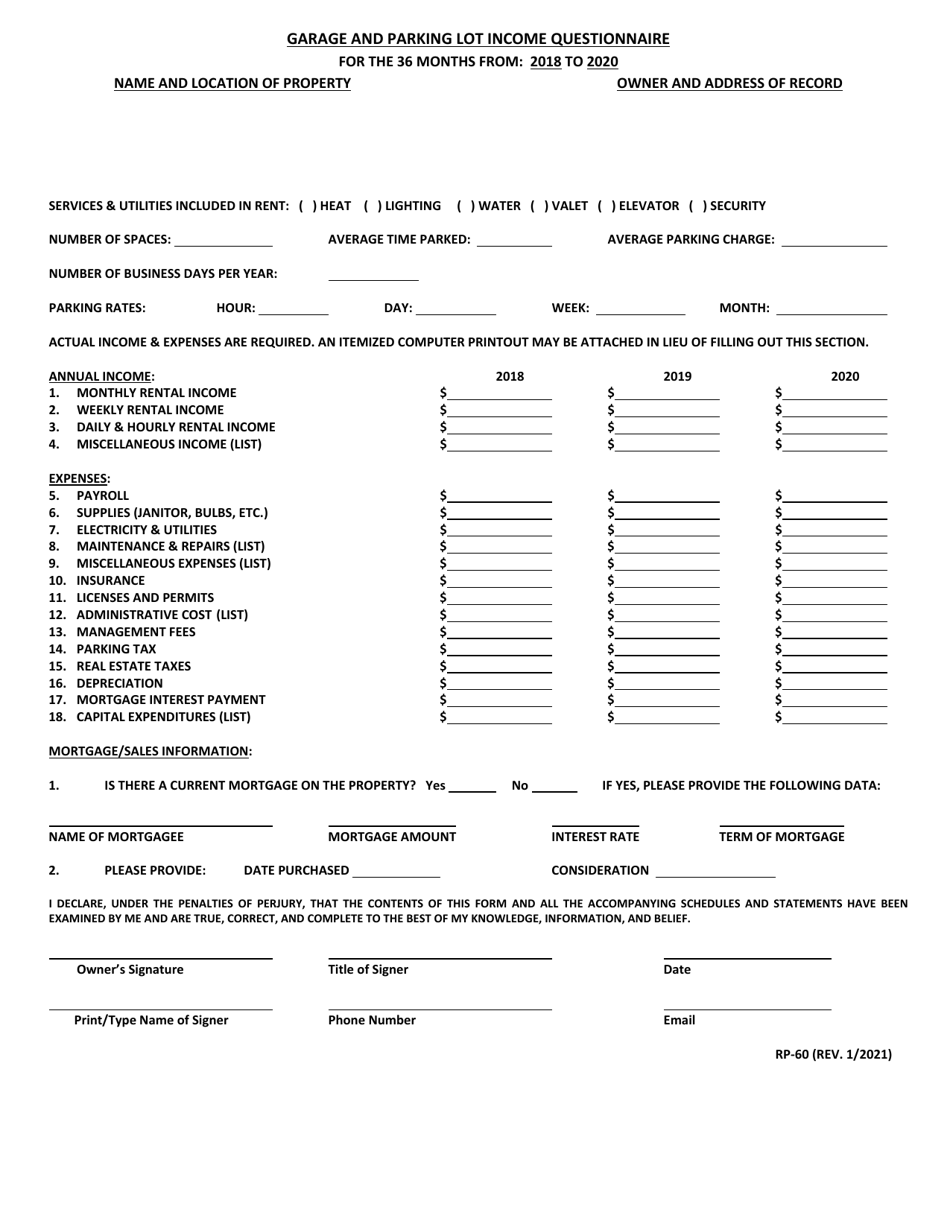 Form RP-60 Garage and Parking Lot Income Questionnaire - Maryland, Page 1
