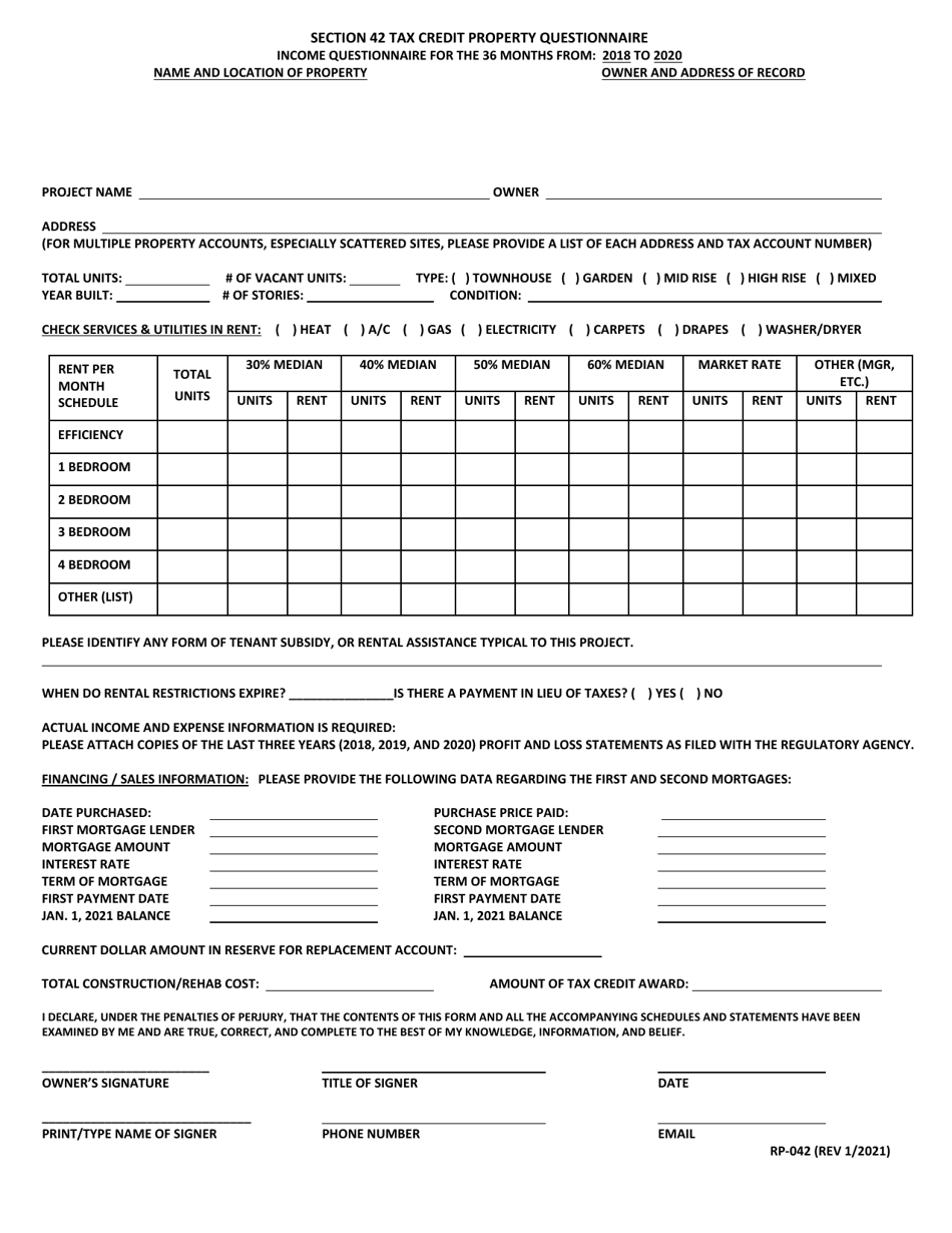 Form RP-042 Section 42 Tax Credit Property Questionnaire - Maryland, Page 1