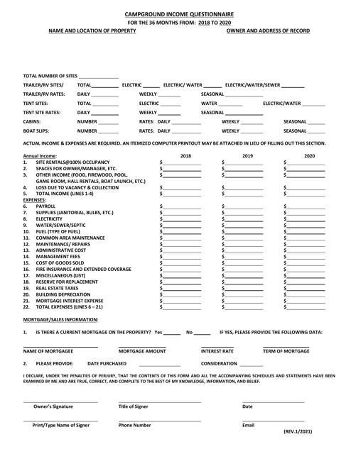 Campground Income Questionnaire - Maryland Download Pdf
