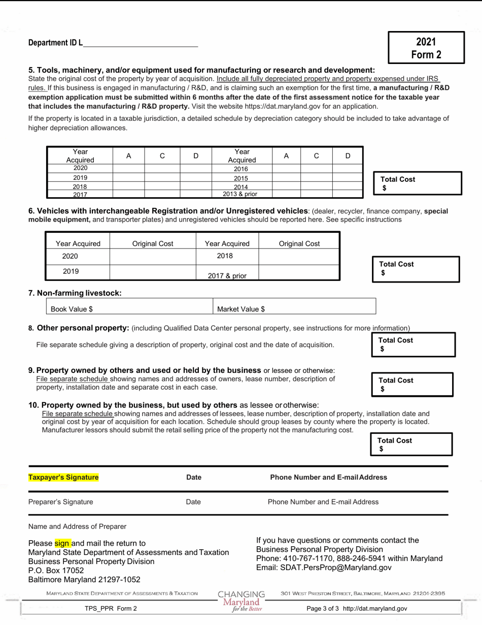 Form 2 Business Personal Property Return - Maryland, Page 3