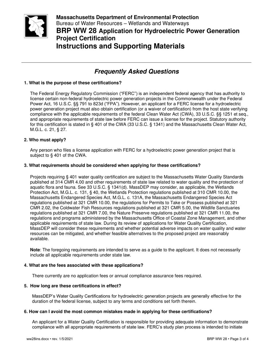Instructions for Form BRP WW28 Application for Hydroelectric Power Generation Project Certification - Massachusetts, Page 3