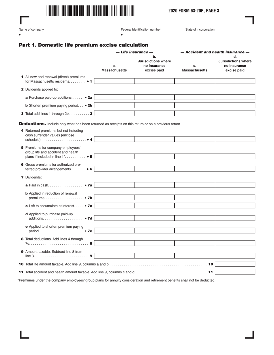 Form 63-20P Premium Excise Return for Life Insurance Companies - Massachusetts, Page 3