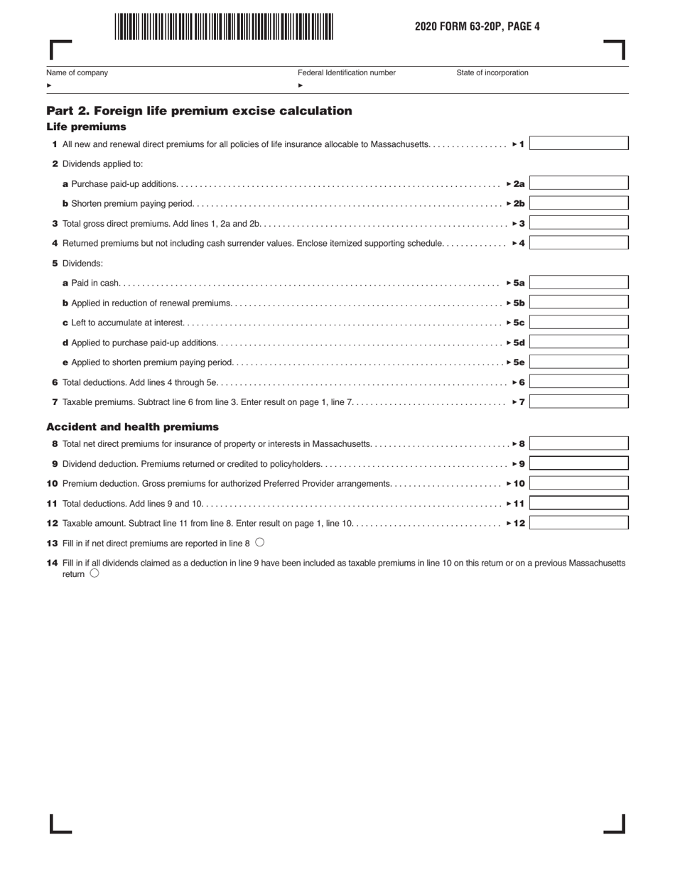 Form 63-20P Premium Excise Return for Life Insurance Companies - Massachusetts, Page 4