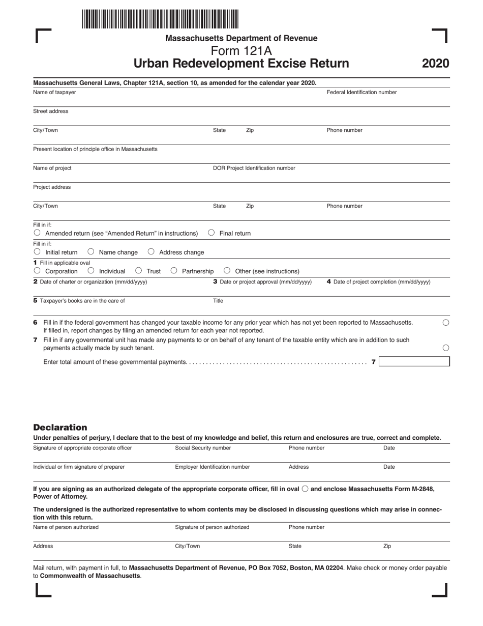 Form 121A Urban Redevelopment Excise Return - Massachusetts, Page 1