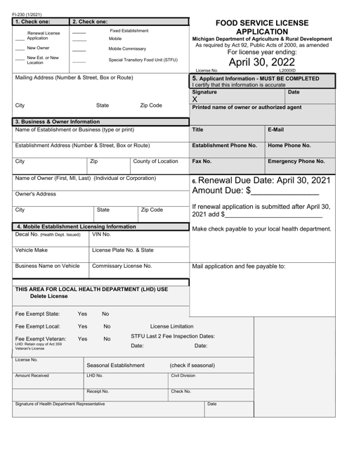 Form FI-230 Food Service License Application - Michigan, 2022